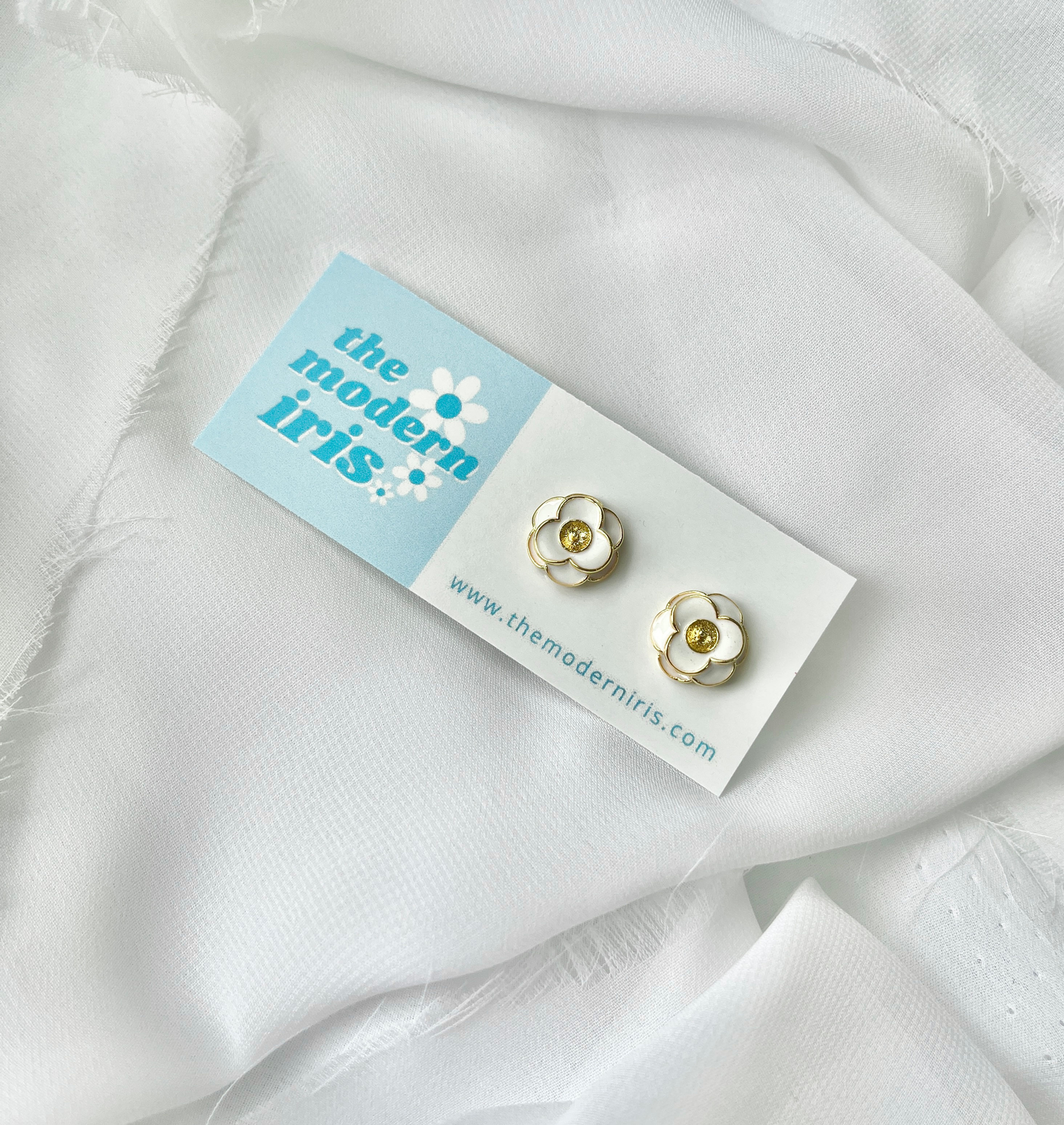 White Enamel & Gold Flower Studs