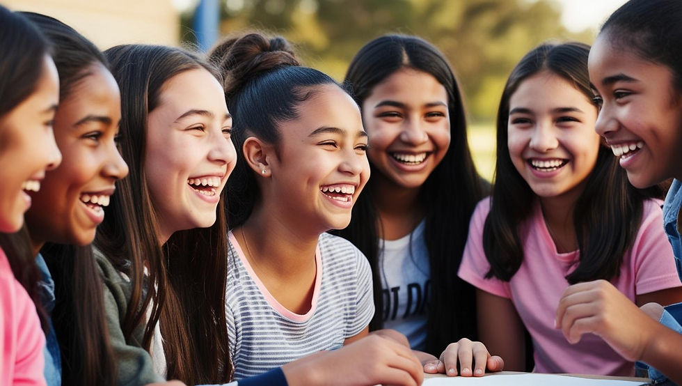 A candid photo of a diverse group of teenage girls, ages 14-17, participating in a mentori