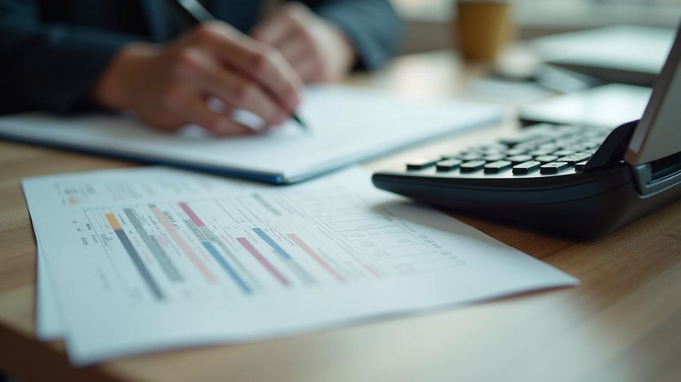 Vista a nivell d'ull d'una calculadora i documents fiscals sobre una taula