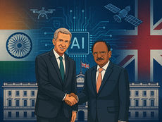 NSA Ajit Doval shaking hands with UK National Security Adviser outside a government building in London.