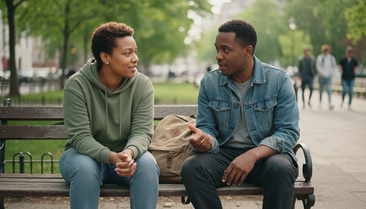Eye-level view of two people sitting on a park bench with a backpack beside them.