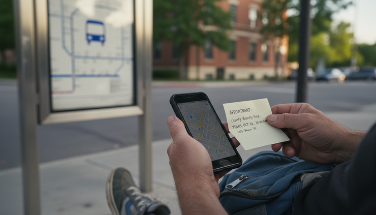 Close-up view of hands holding a smartphone and a paper appointment slip at a bus stop.