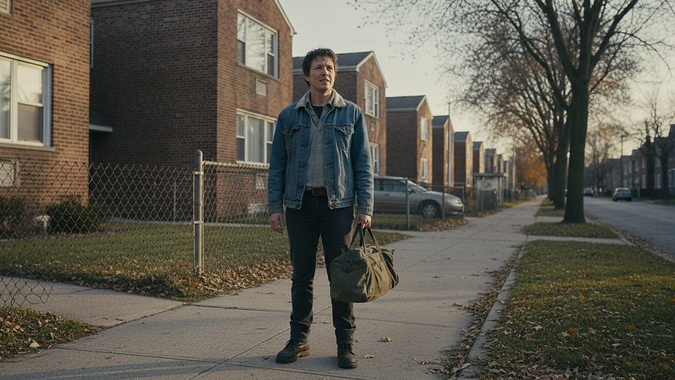 Eye-level view of a person standing outside a modest apartment building with a small bag.