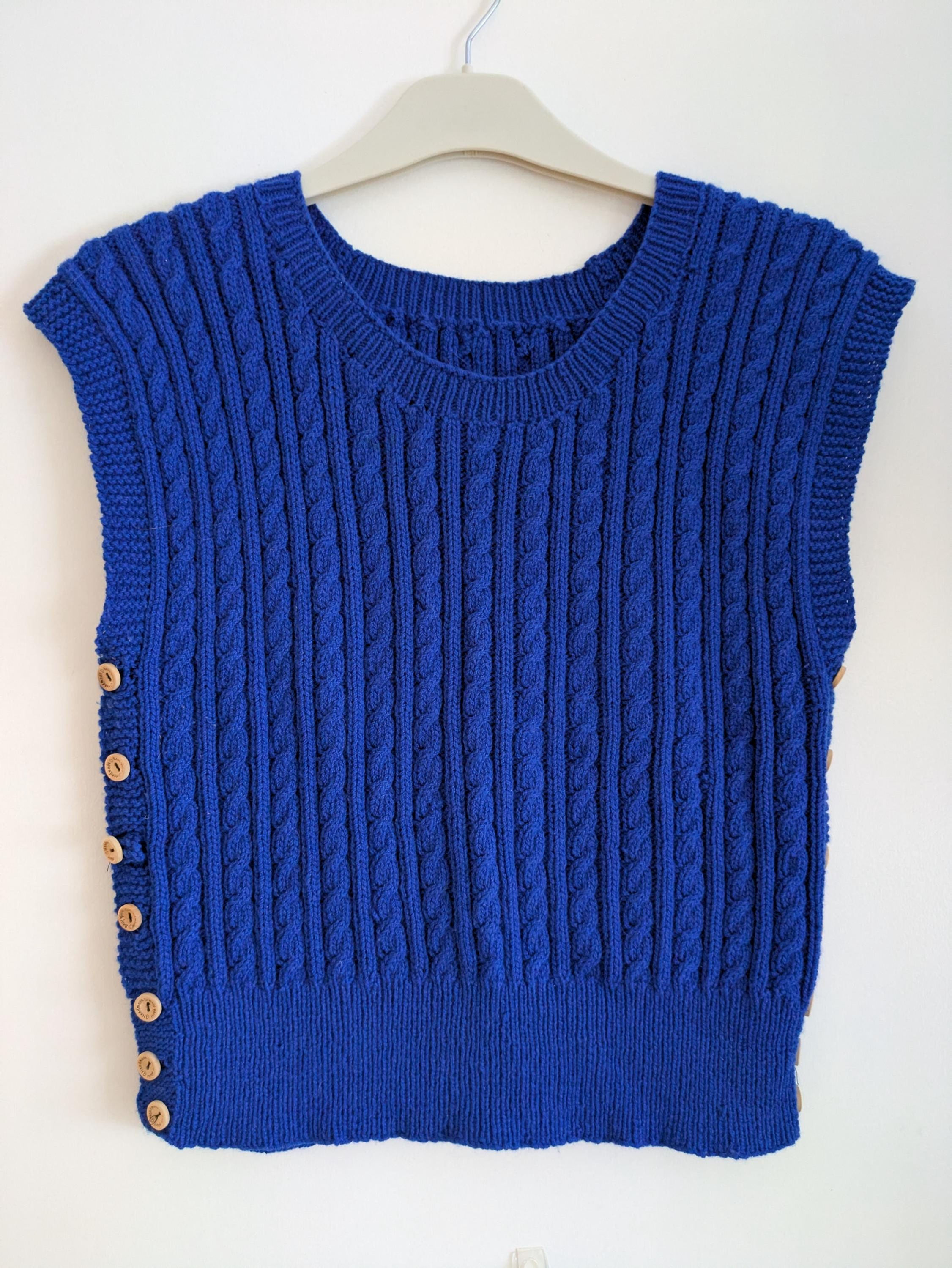 Hand Knitted 1940s Royal Blue Cable Jerkin Vest Pullover with Wooden Buttons.