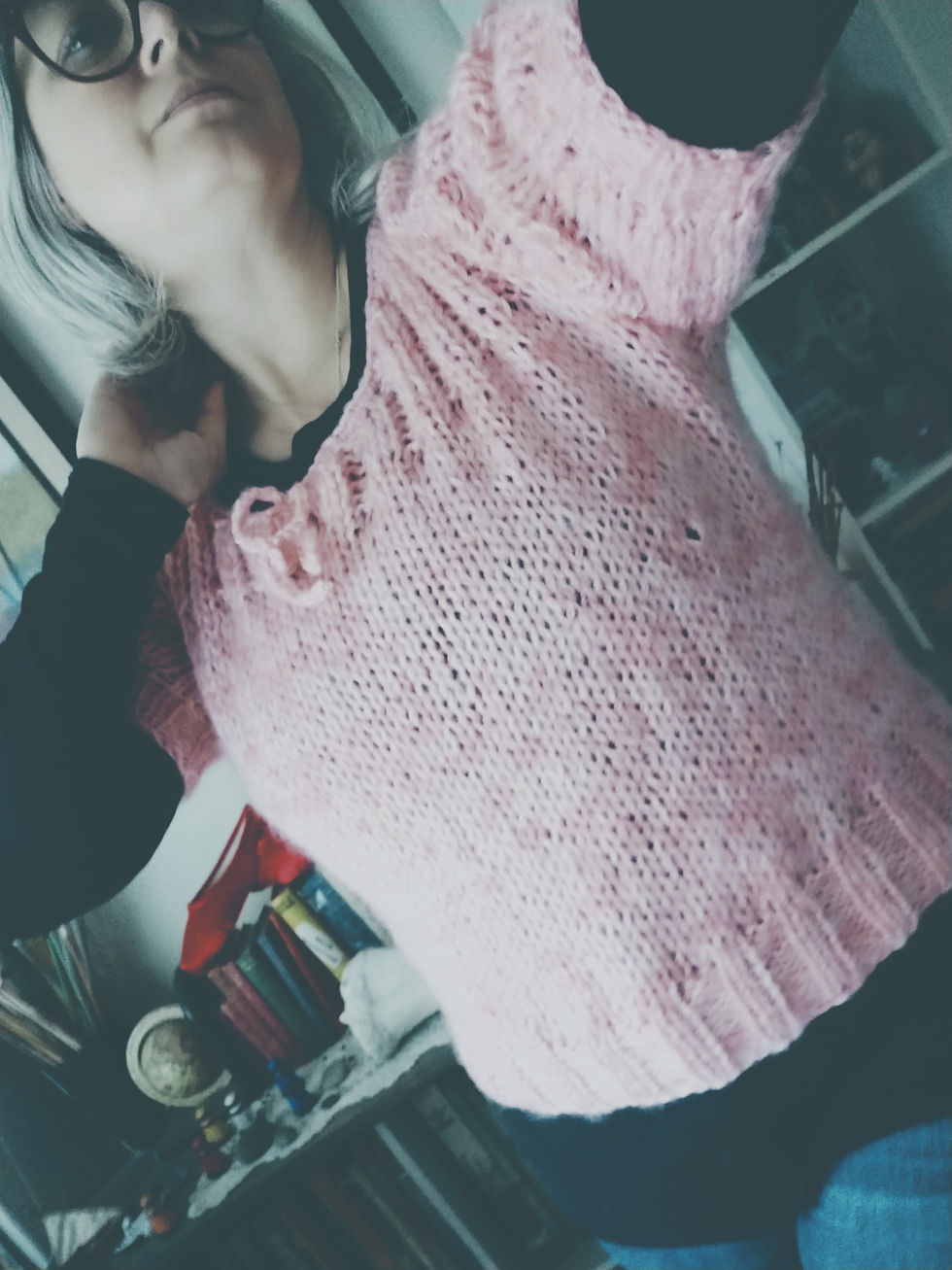 Vintage Meg modelling her version of the 1930s 3 Hour Sweater, knit in soft pink 1980s vintage yarns.
