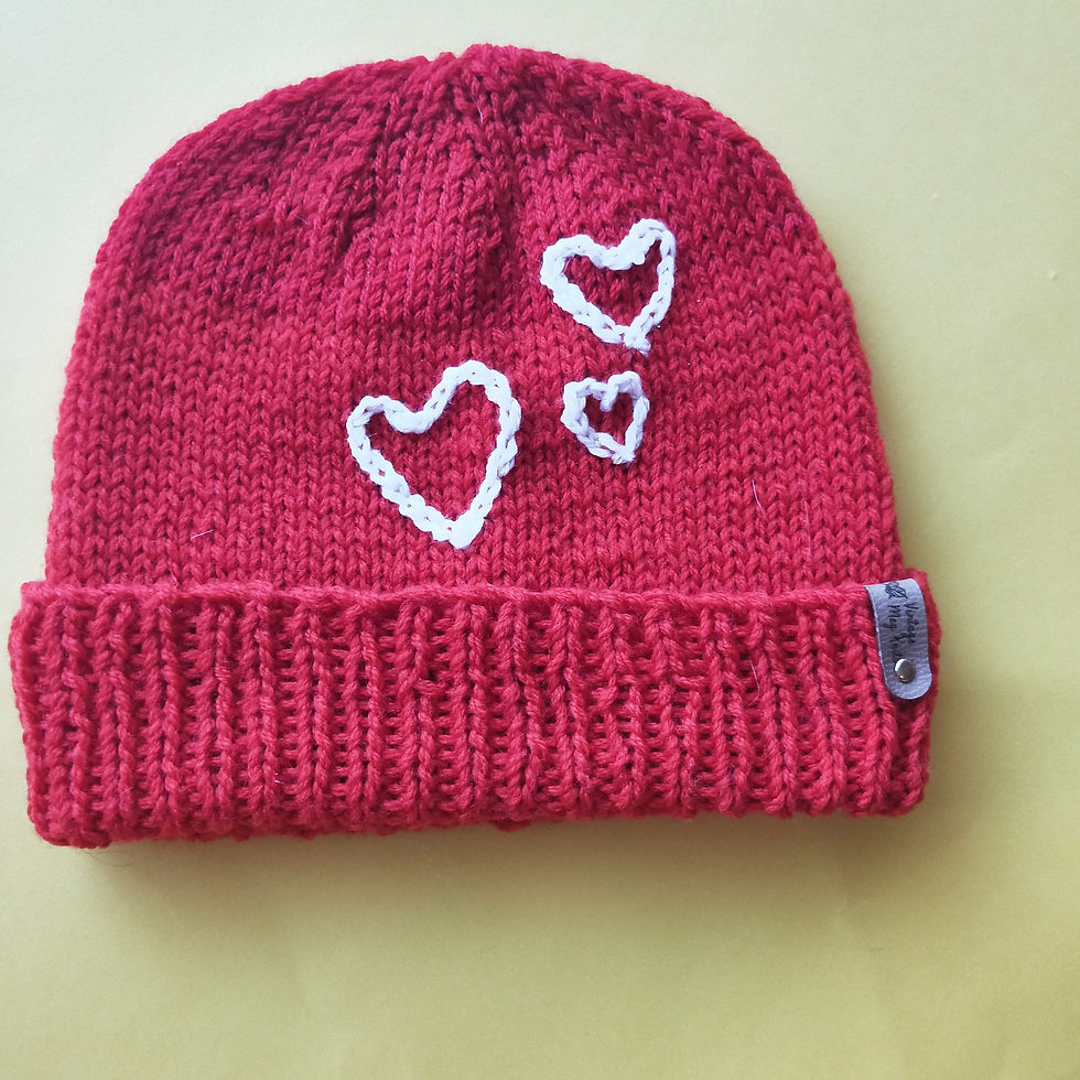 Thumbnail: Handknit Two Tone Red Embroidered Beanie Hat. Retro Vintage 1970s Reproduction.