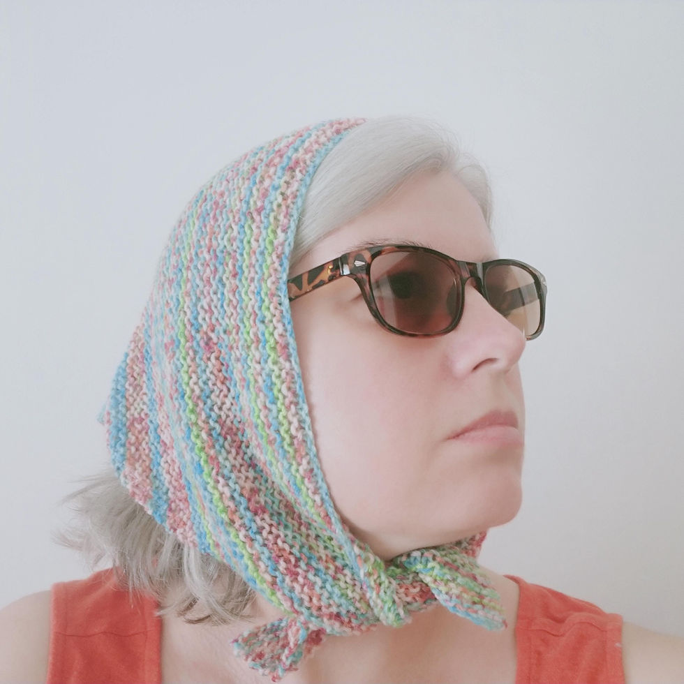 Thumbnail: Hand Knit Soft Pink and Blue Wool Triangle Kerchief Audrey Head Scarf Bandana