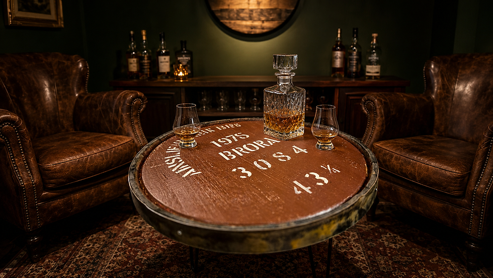 Whisky barrel cask head coffee table featuring white Brora 1975 stencils, between two leather armchairs.