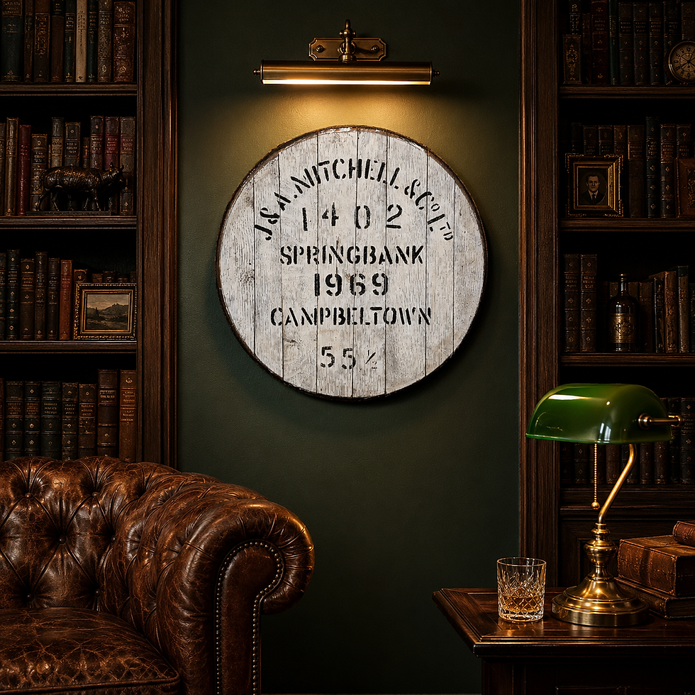 Whisky barrel oak cask head wall art with Springbank 1969 stencil, mounted on a green wall in a home library.