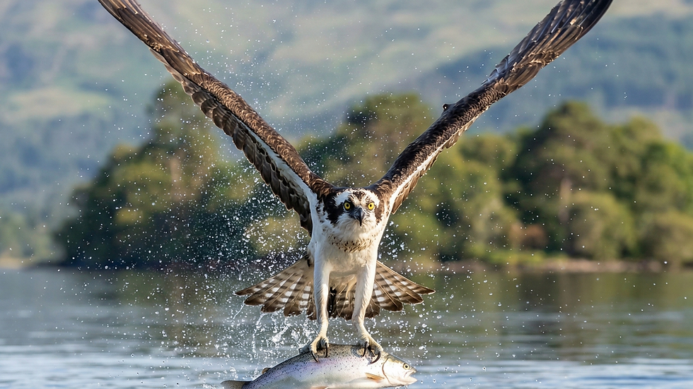 Osprey catching fish from Loch Lomond with water droplets and Ben Lomond mountain in background