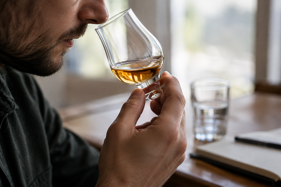 Taster nosing a whisky glass beside a notebook
