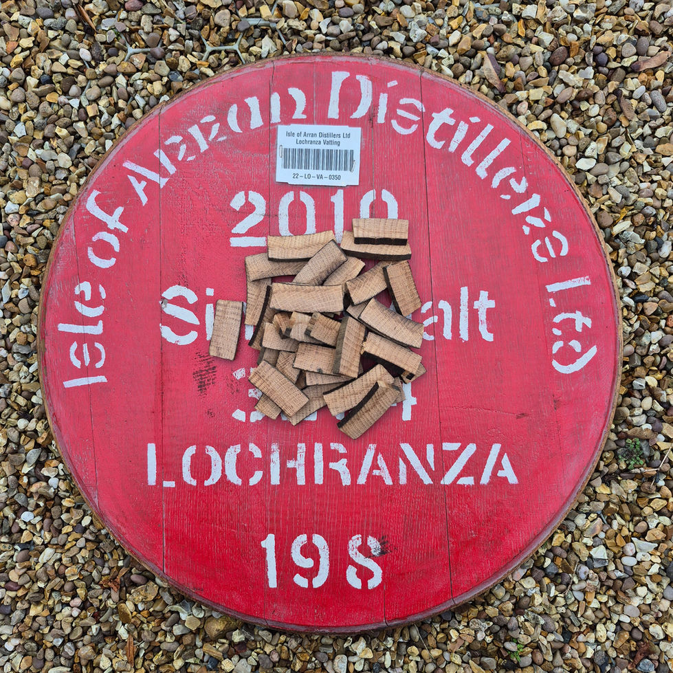 Arran oak stave chunks on their original whisky cask head, marked 2016