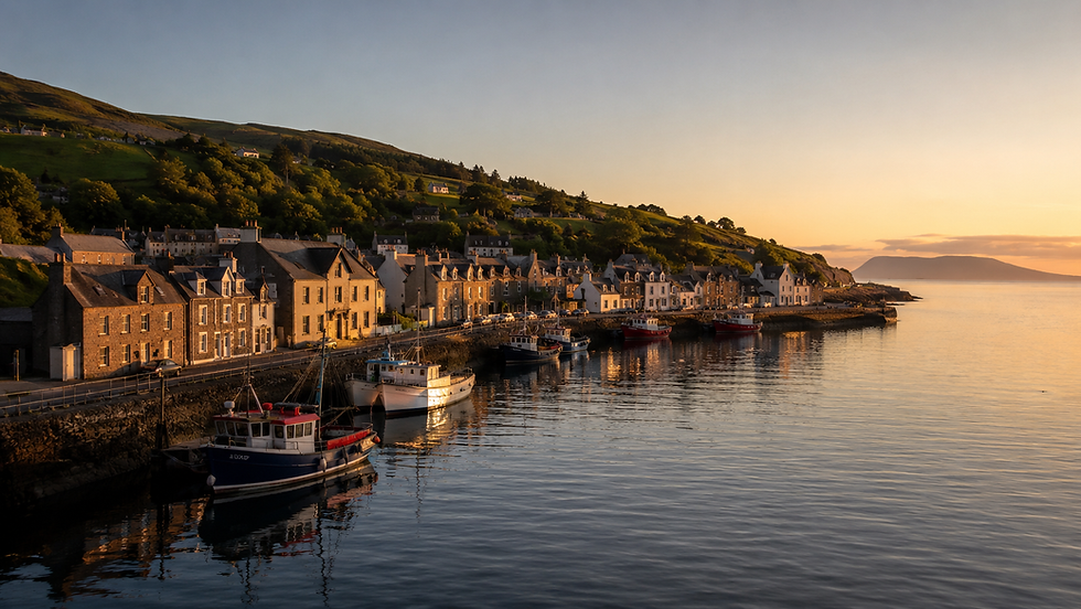 Fishing boats moored along a Scottish harbour village with stone cottages under a golden sunset sky.