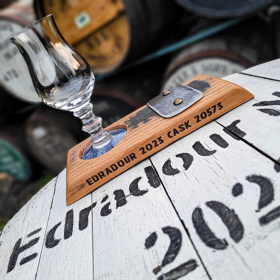 Edradour glass holder with glass on a cask