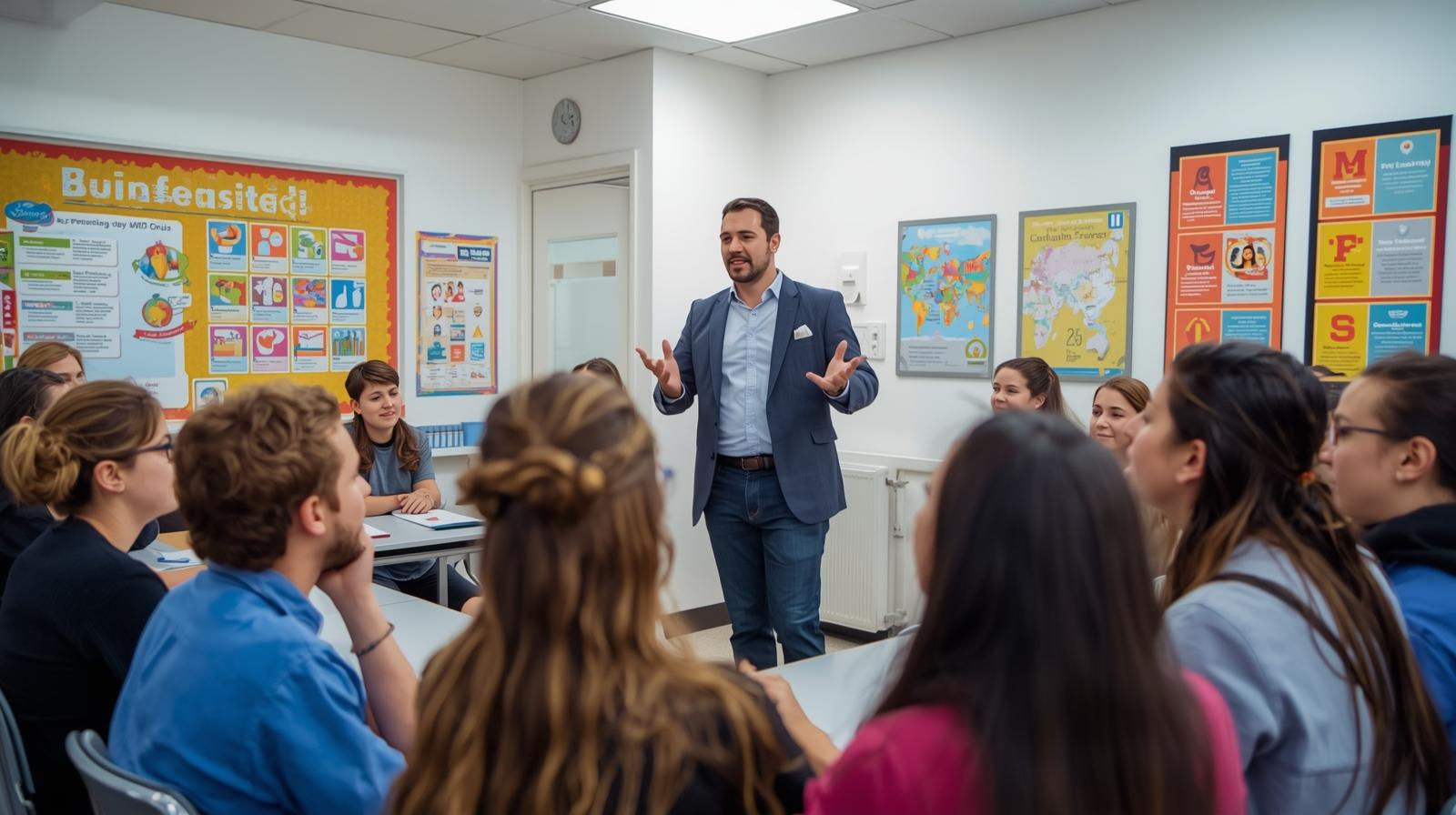 Motivational speaker addressing students in a classroom, inspiring connection and confidence.