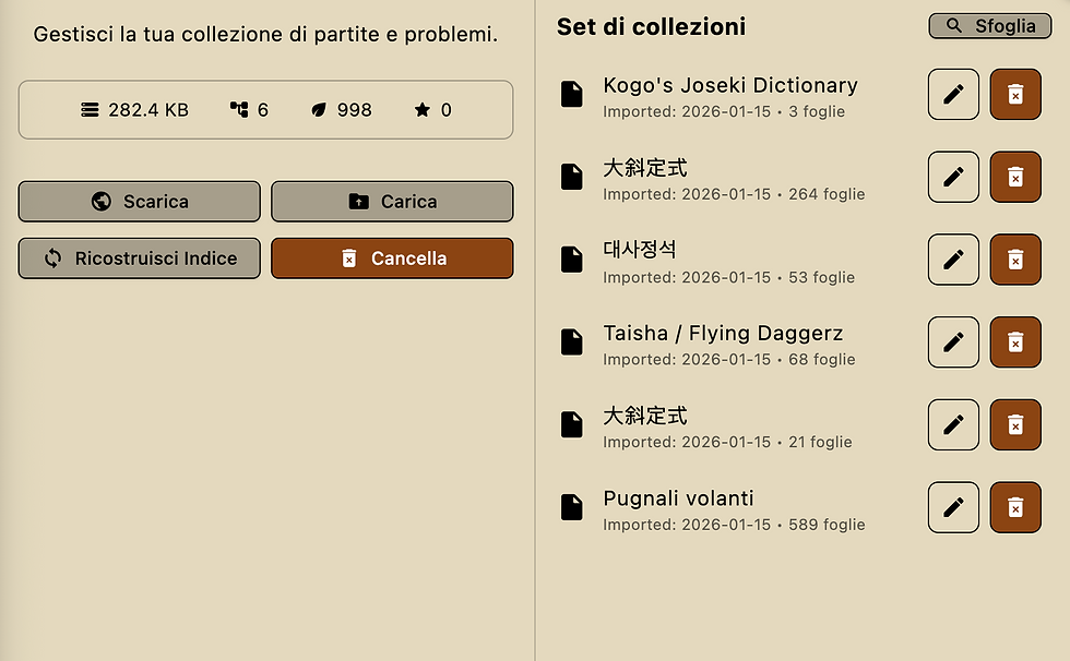 Interfaccia in italiano per gestire collezioni di problemi: elenco di set, pulsanti Scarica, Carica, Ricostruisci Indice e Cancella.