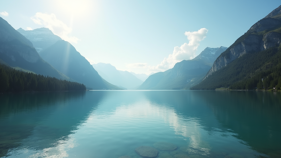 Wide angle view of a serene lake surrounded by mountains