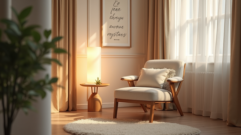 Eye-level view of a cozy therapy room with a comfortable chair and soft lighting