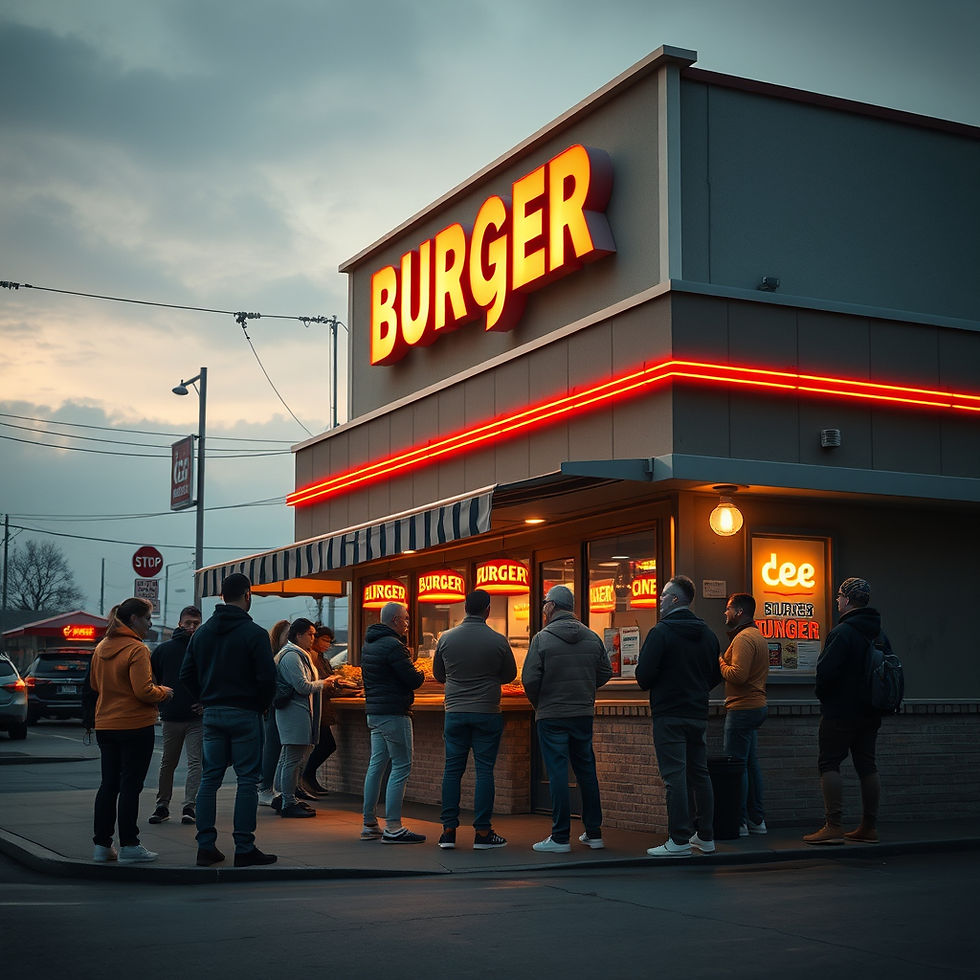 Burger enthusiasts gather outside a popular joint, guided by a Google search for the best local flavors.