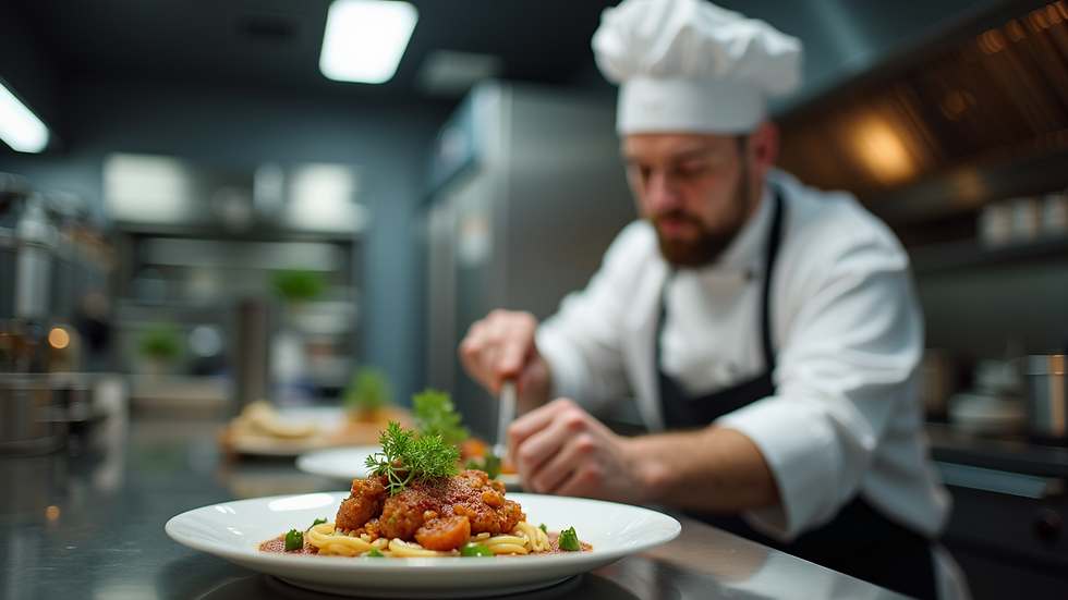 Close-up view of a chef preparing a gourmet dish in a professional kitchen