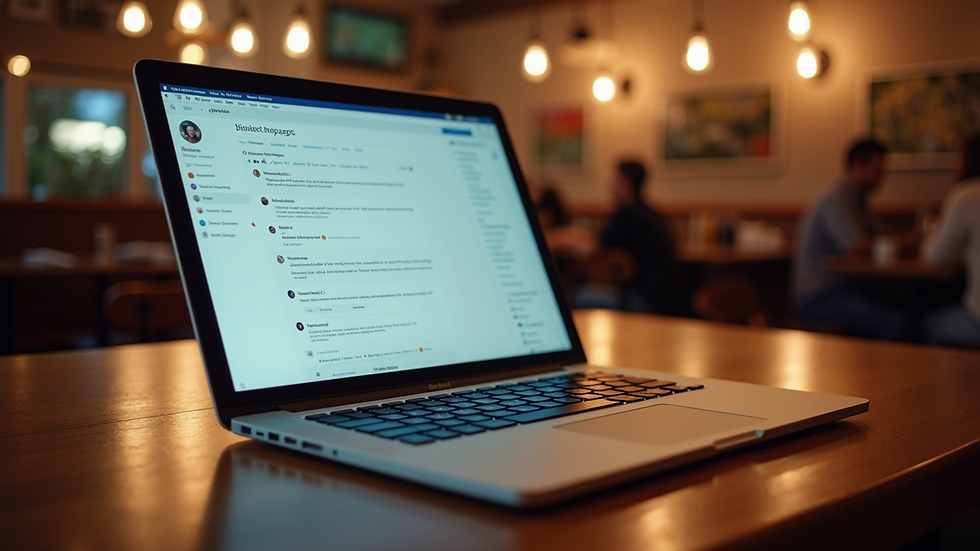 Eye-level view of a restaurant table with a laptop showing review responses