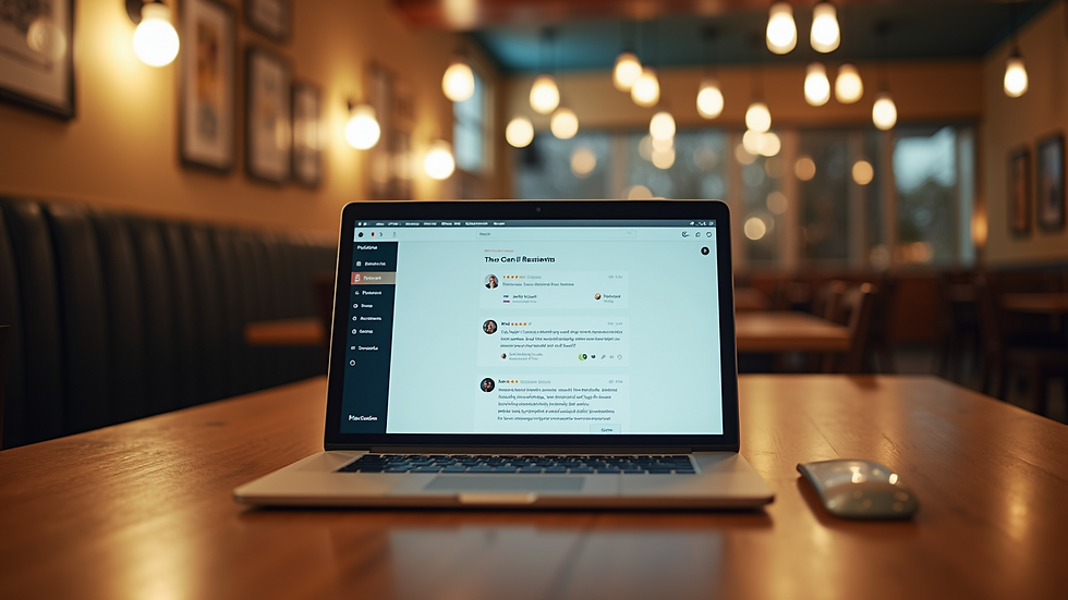 Eye-level view of a restaurant table with a laptop showing customer reviews