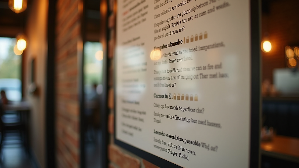 Close-up view of a restaurant’s review display board with positive customer feedback