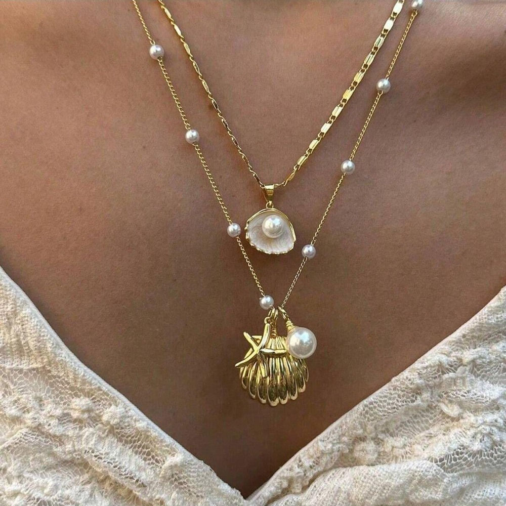 Set Fashion Boho Gold Color Marine Shell Starfish Pendant Pearl Chain Mult