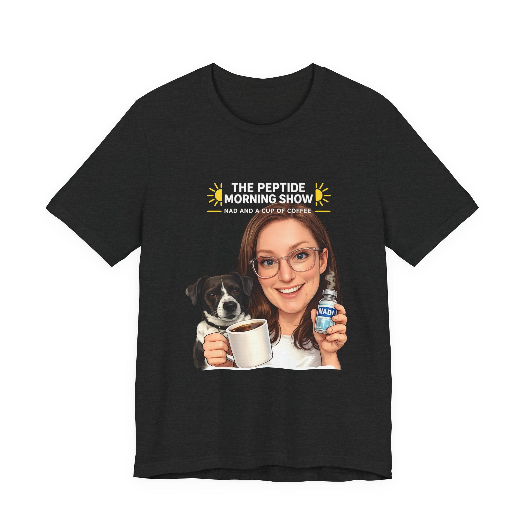 The Peptide Morning Show T-Shirt | Coffee, Dog, Peptide Bottle Design