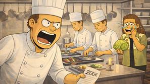 Cartoon Kristina in an very scary kitchen.