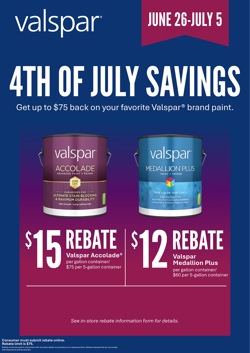 Valspar 4th of July savings ad with two paint cans, June 26–July 5, offering $15 and $12 rebates.