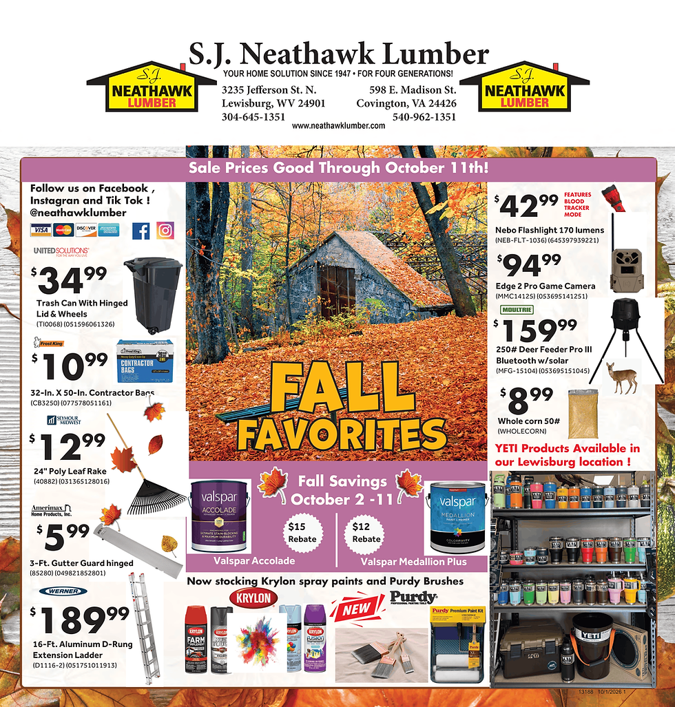 S.J. Neathawk Lumber fall sale flyer with autumn cabin scene, tool and paint deals, YETI display, and Sale Prices Good Through October 11th!