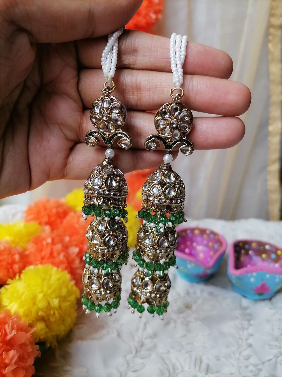 Thumbnail: Layered jhumkas with hair chain