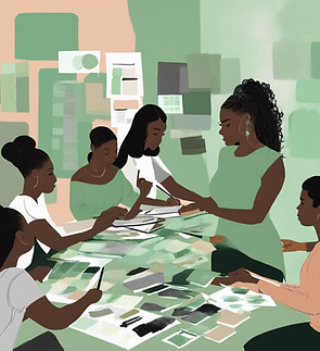 a woman of color teaching a workshop to a group of students include the colors light green