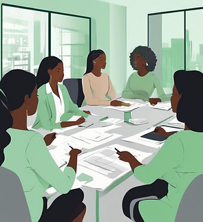 woman of color leading _meeting in an office include the colors light green, mint, white, 