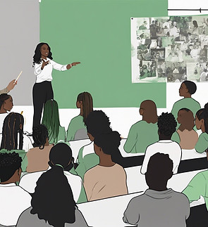 a woman of color teaching a empowerment workshop to a group of high school students includ