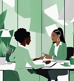 a leadership coach with a woman of color and her client in an office include the colors li