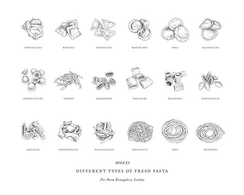 Food ingredients and fresh produce illustration for recipe cook books and packaging Fresh Pasta Shapes for Pasta Evangelists