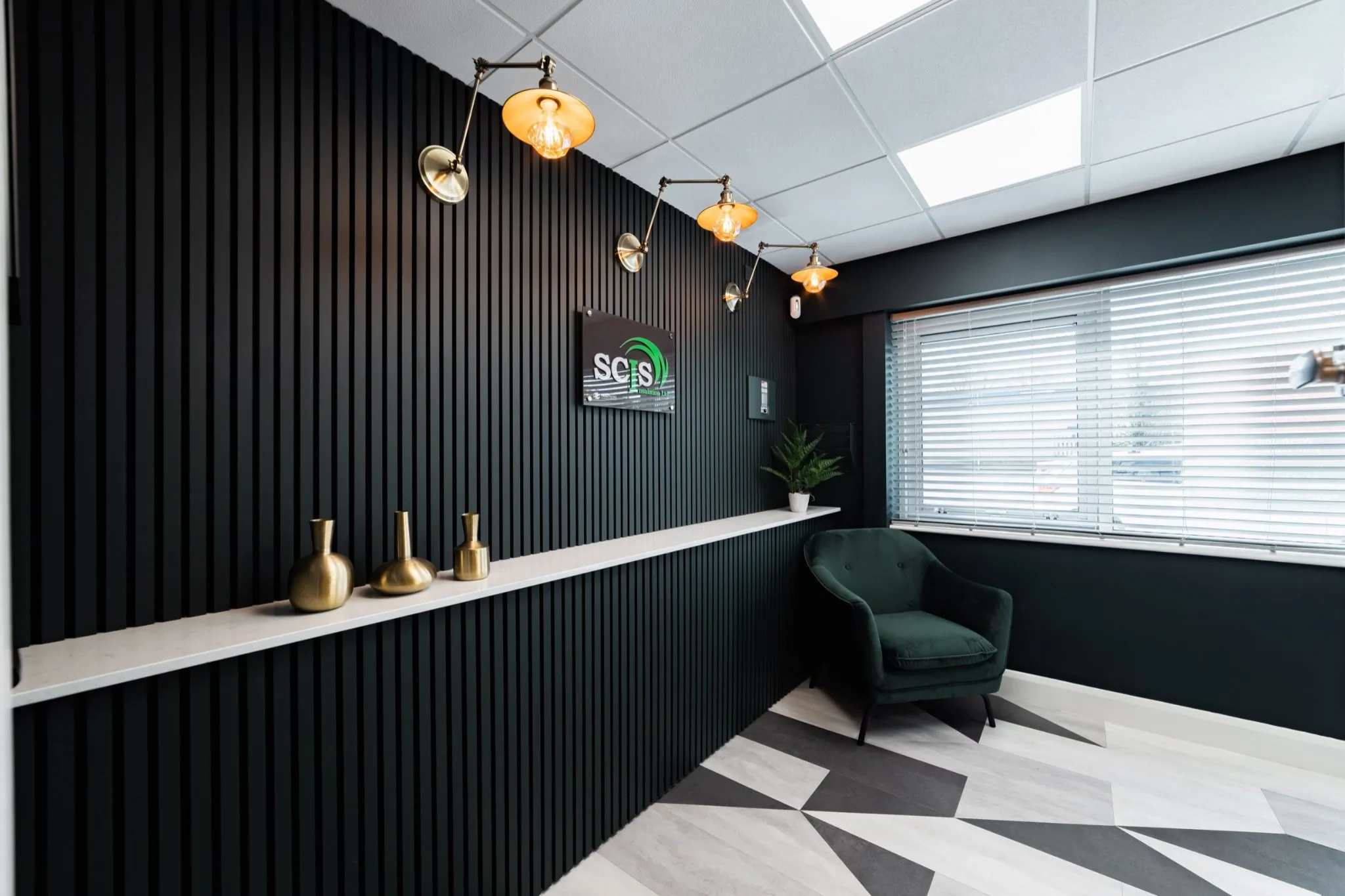 Commercial Interior Design Office Spaces Modern Entrance Signage Lighting Accent Chair Dynamic Fun Flooring NSD Studio Nick Snow Design Hampshire