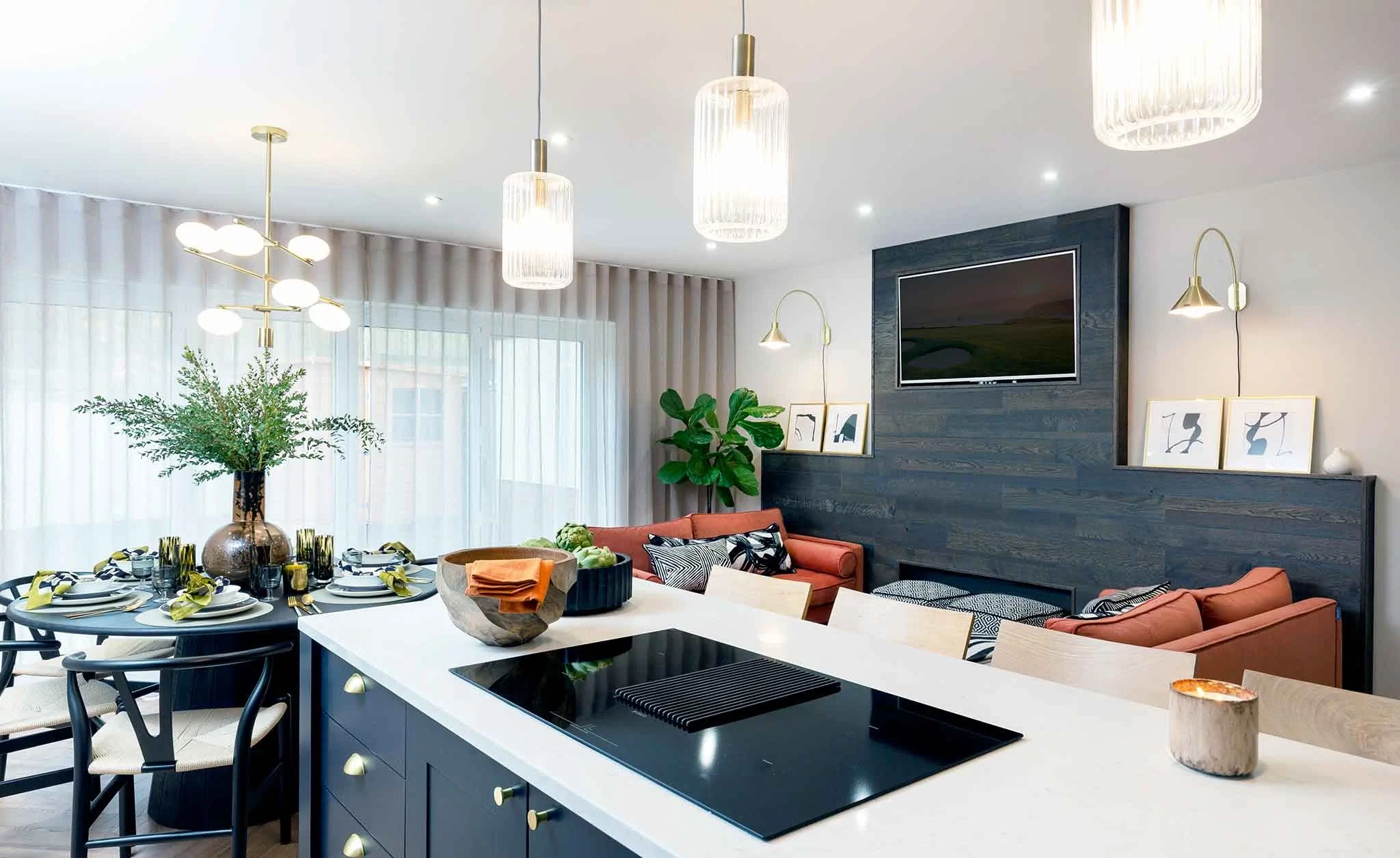 Residential Interior Design Open plan living space panelling lighting dining new build NSD studio Hampshire Nick Snow design