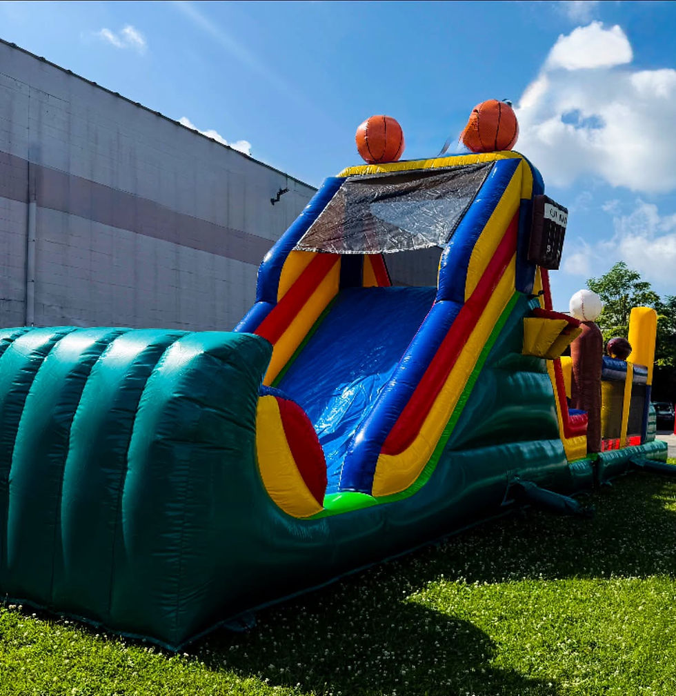 Thumbnail: 49-foot sports obstacle course rental in Columbus, Ohio with giant inflatable slide for school, church and corporate events.