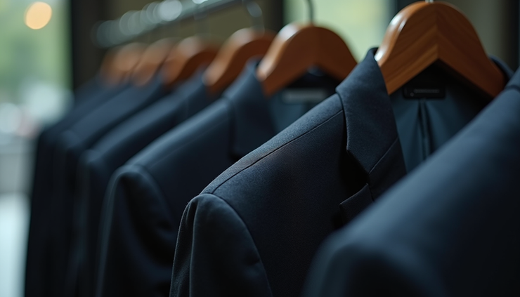 Eye-level view of a suit jacket hanging on a wooden hanger showing uneven shoulder seams
