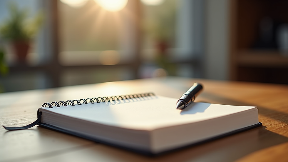 Close-up view of a journal and pen on a wooden table, symbolising self-reflection and growth