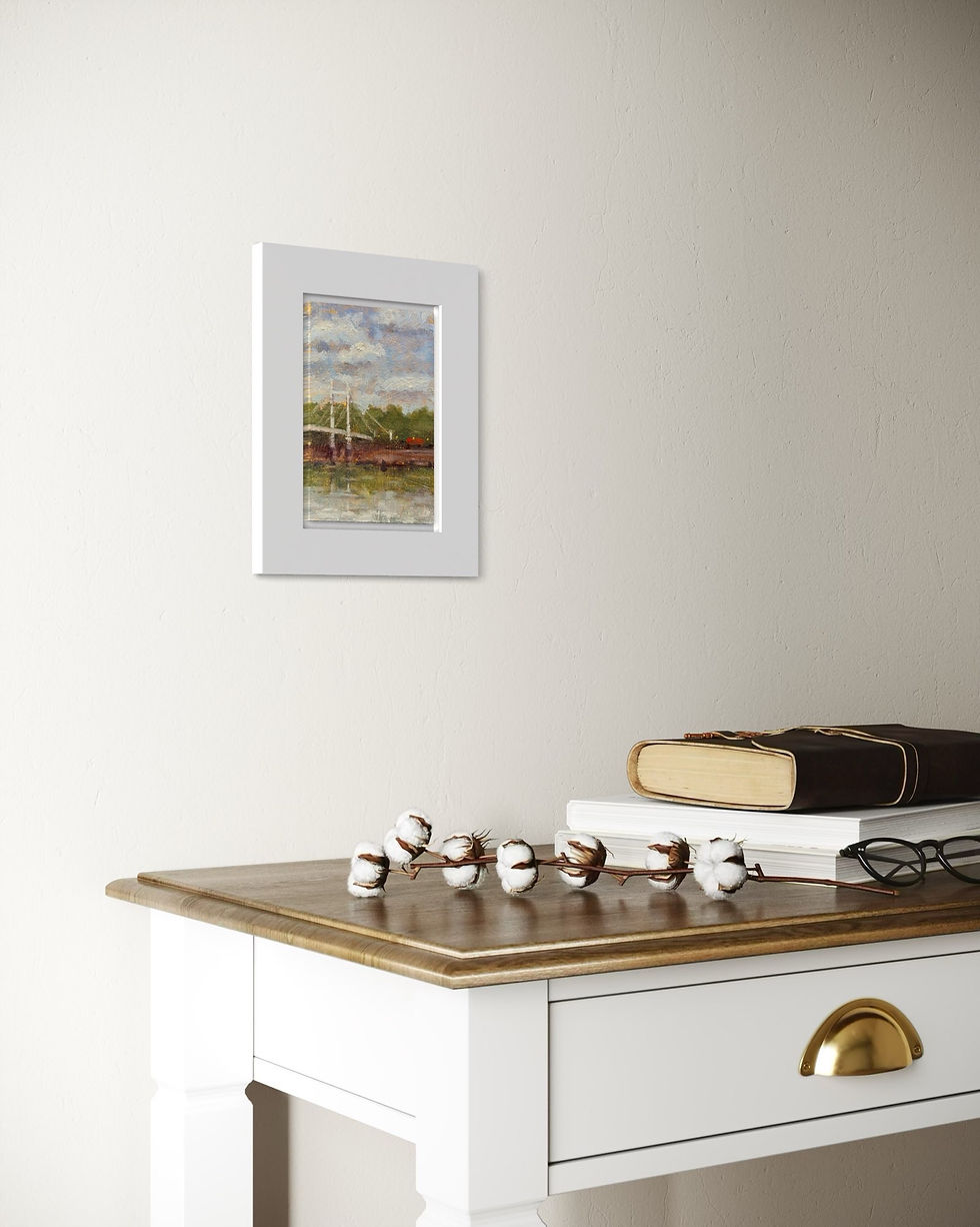 'Miniature Albert Bridge', 2024, oil on linen. Paintings bring warmth, character, and a unique presence to a home. Available: https://www.maddygyselynck.com/product-page/miniature-albert-bridge