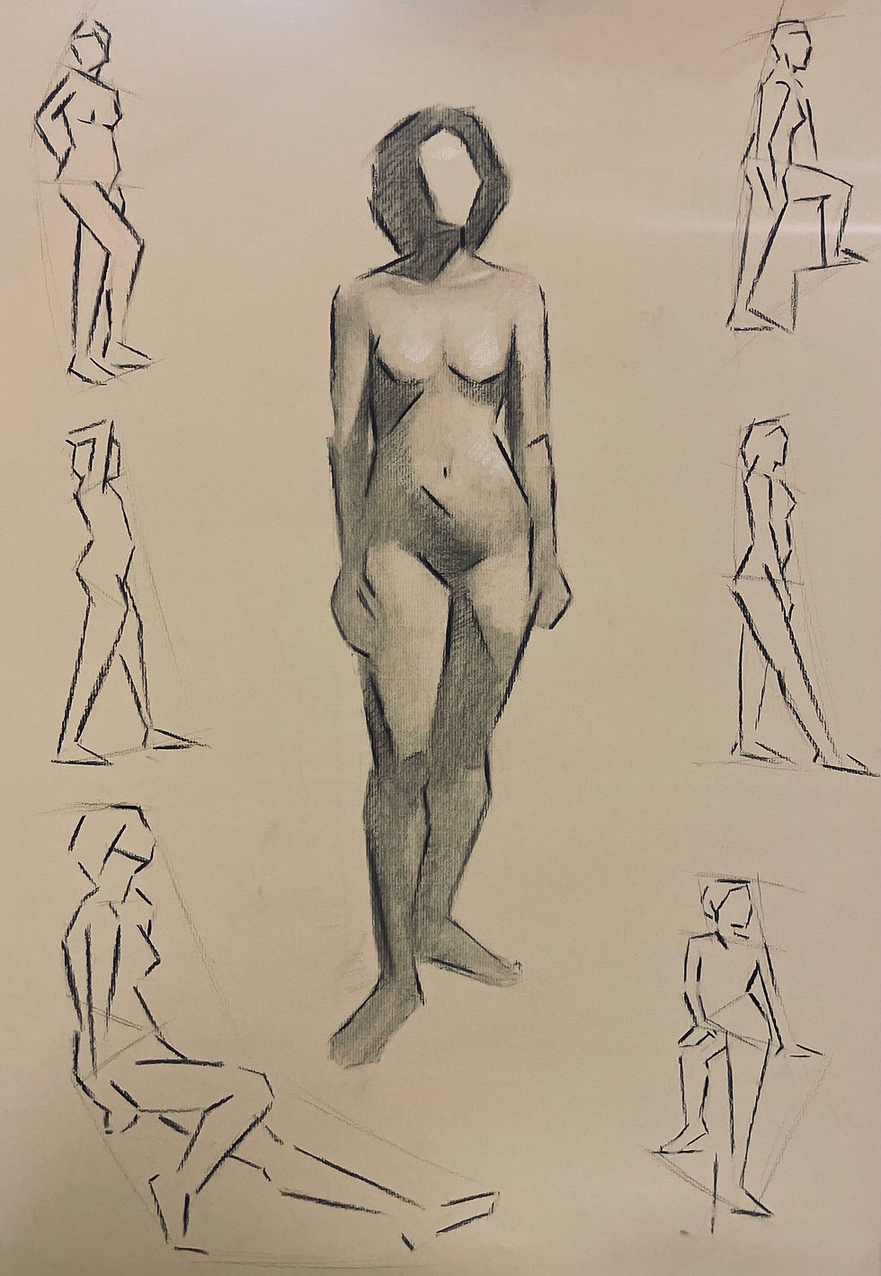 'Female Figures', 2025, Maddy Gyselynck, Charcoal and chalk on sand-coloured Fabriano Ingres paper. Approx A1. Available - please contact.