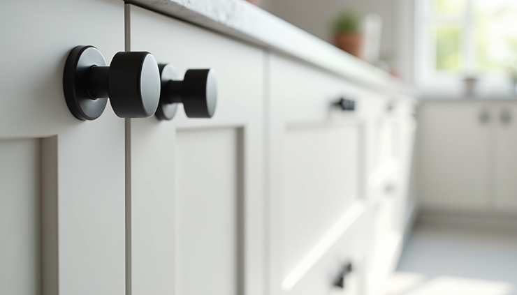 Close-up view of newly painted kitchen cabinets with modern handles