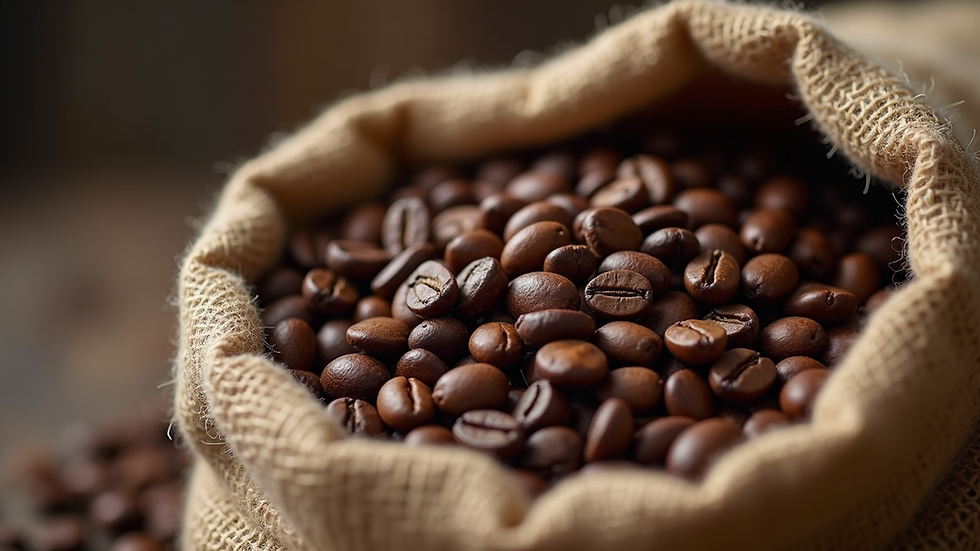 Close-up view of roasted coffee beans in a burlap sack