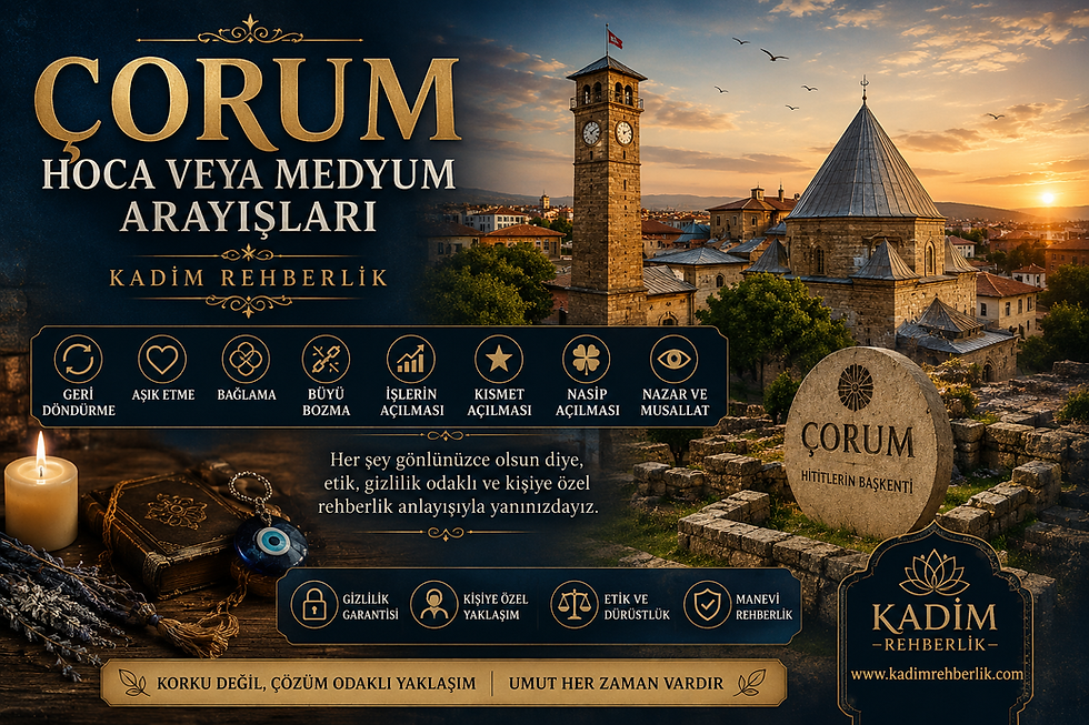 Çorum Hoca veya Medyum Arayışları kapak görseli. Çorum saat kulesi, tarihi şehir dokusu ve Hitit mirası temalı görselde geri döndürme, aşık etme, bağlama, büyü bozma, işlerin açılması, kısmet açılması, nasip açılması, nazar ve musallat gibi konularda etik, gizlilik odaklı ve kişiye özel rehberlik yaklaşımı vurgulanmaktadır. Kadim Rehberlik Çorum danışmanlık arayışları kapak tasarımı.