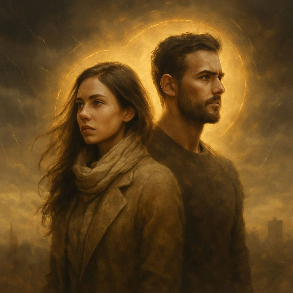 Sabır ve dayanıklılığı simgeleyen, kadın ve erkek figürlerinin fırtınalı bir ortamda güçlü ve sakin duruş sergilediği enerjisel temalı görsel. Altın tonlu ışık aurası, içsel denge ve kararlılığı temsil eder.