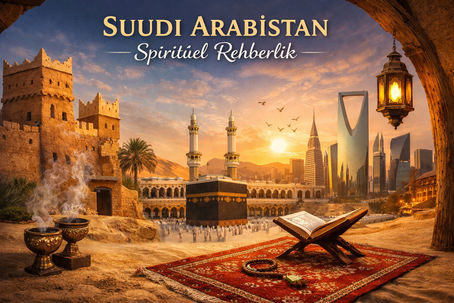 صورة تظهر مزيجًا بصريًا لرموز المملكة العربية السعودية، حيث تجتمع الكعبة المشرفة ومدينة مكة مع أفق الرياض الحديث والصحراء والعمارة التراثية في مشهد واحد. Suudi Arabistan’ı temsil eden sembolik bir kolaj görsel: Kâbe ve Mescid-i Haram, Riyad’ın modern şehir silüeti, çöl manzarası ve geleneksel mimari unsurlarla birlikte görülüyor.